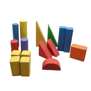 Vintage Playskool Colored Wood Building Blocks 16 Piece Lot
